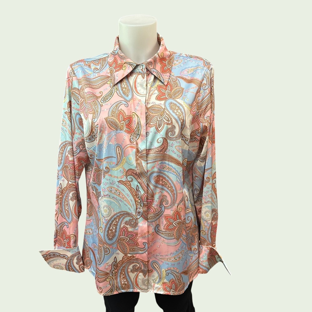 Boston Proper Paisley Print Sophia Button-Up Charmeuse Blouse Pastel sz 12 New
